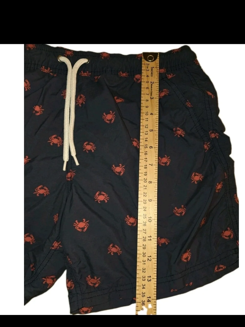 J. Crew Navy Swim Trunks with Red Crab Motif
